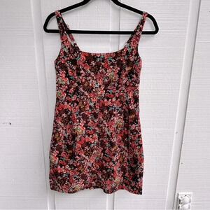 90s Revival Burgundy Corduroy Floral Print Sleeveless Cotton Mini Dress | Sz S